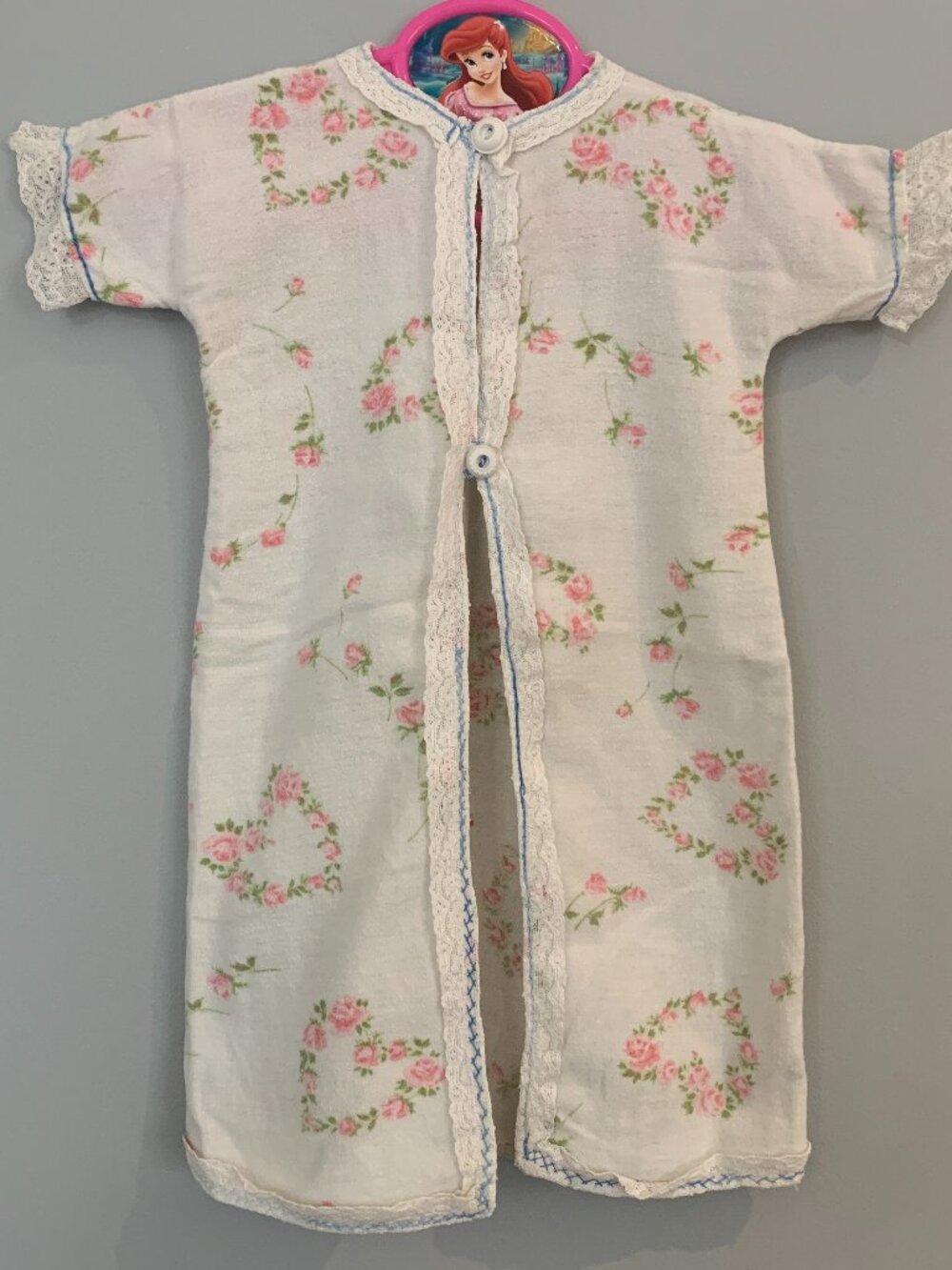 Vintage Baby Flannel Gown Floral Lace Trim Infant Nightgown Cottagecore Heirloom